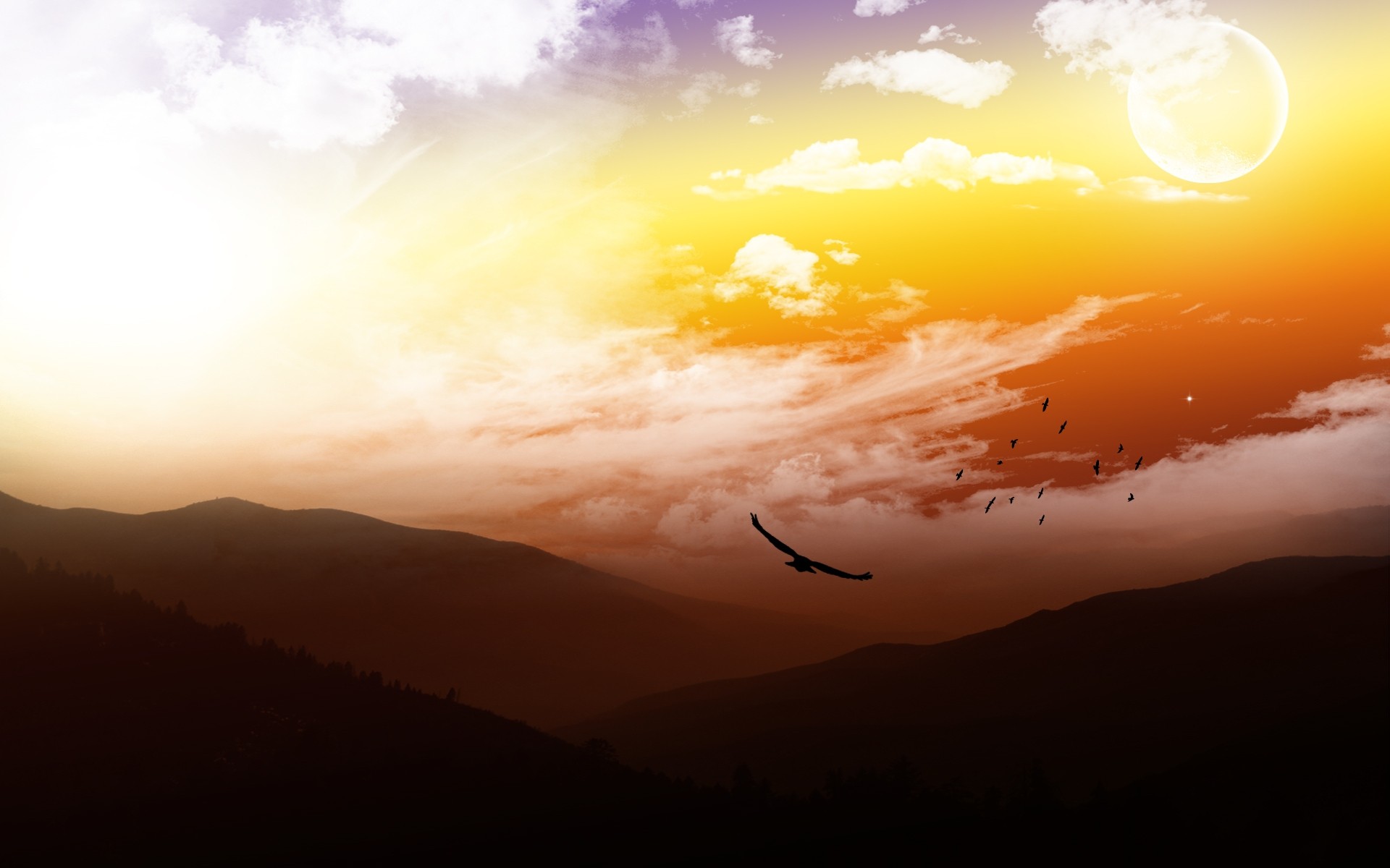 景观 日落 黎明 景观 山 天空 晚上 光 自然 雾 太阳 旅行 暮光之城 树 户外 鸟类 背景