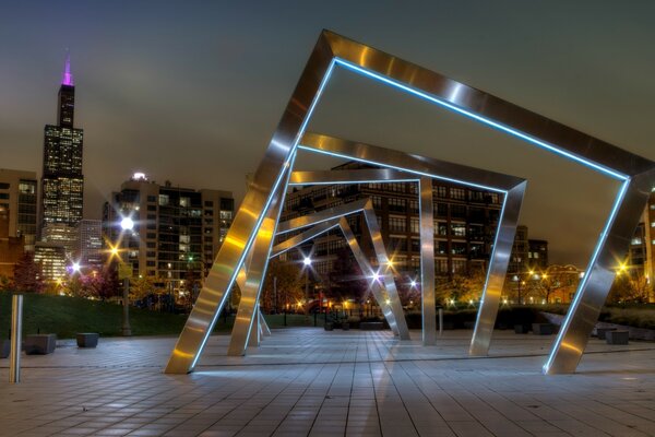 夜间公园，建筑和城市灯光。 美国