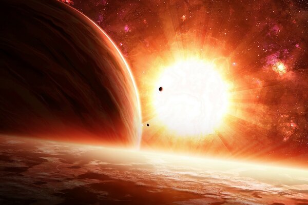 宇宙中的行星和太阳的明亮光芒