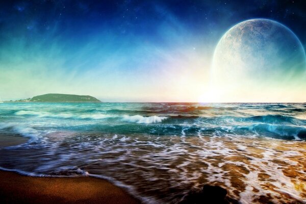 在海面上与一个未知的星球明亮的天空背景潮汐